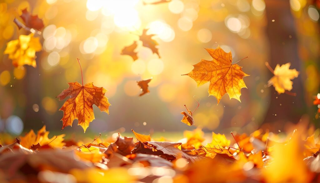 Golden leaves falling in sunlight
